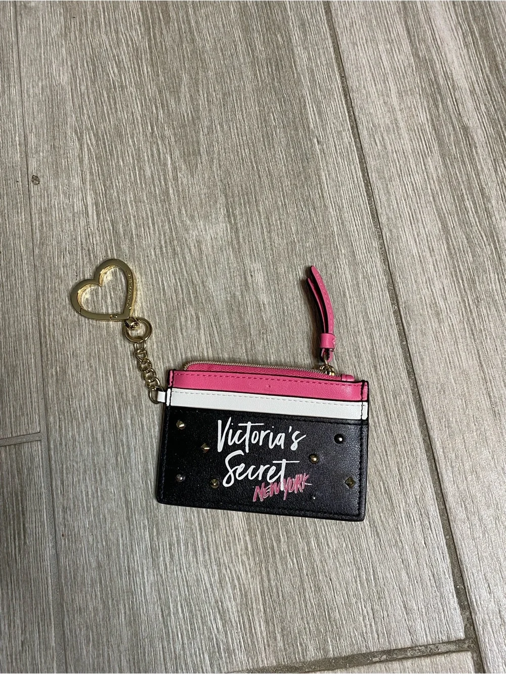 Victoria's Secret New York Card Case Wallet Heart Keychain Coin Purse Black Pink - Picture 2 of 7